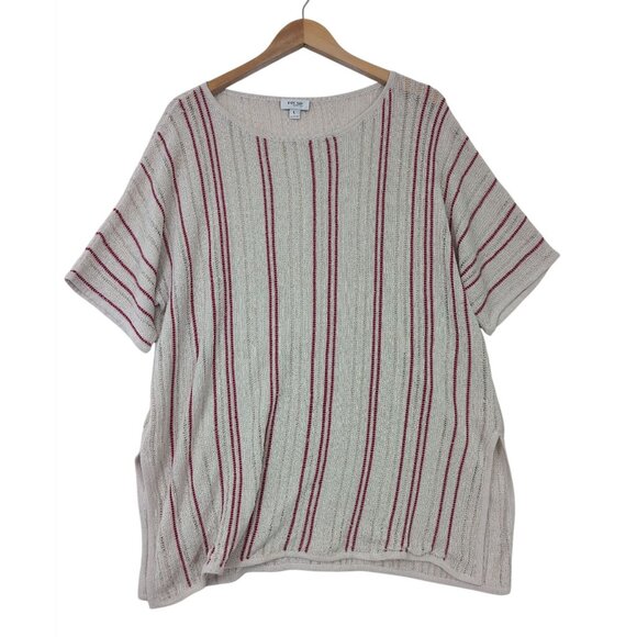 Per Se Carlisle Open Knit Top Womens L Beige Red Short Sleeve Career Casual - Picture 1 of 10